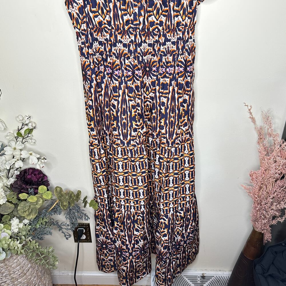 ANTHROPOLOGIE The Somerset Maxi Dress Cotton Geometric Navy Orange Sz M {Y39} - Picture 4 of 8